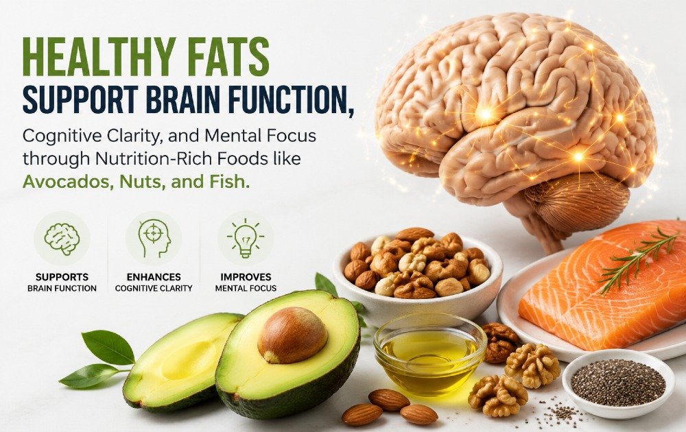 Healthy fats supporting brain function, cognitive clarity, and mental focus through nutrition-rich foods like avocados, nuts, and fish.