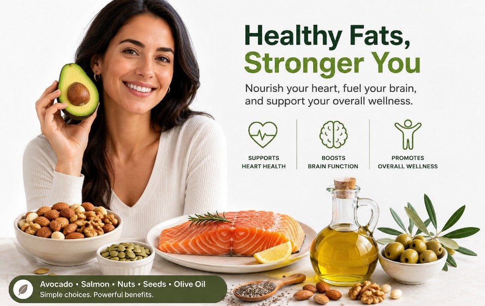 Person enjoying healthy fats from avocado, salmon, nuts, seeds, and olive oil to support heart health, brain function, and overall wellness.