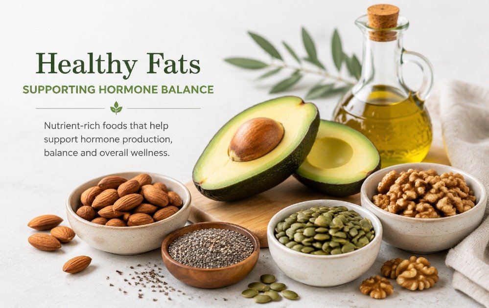 Healthy fats supporting hormone balance through nutrient-rich foods like avocado, nuts, seeds, and olive oil on a clean kitchen surface