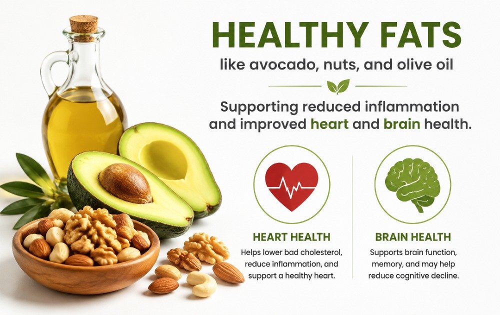Healthy fats like avocado, nuts, and olive oil supporting reduced inflammation and improved heart and brain health.