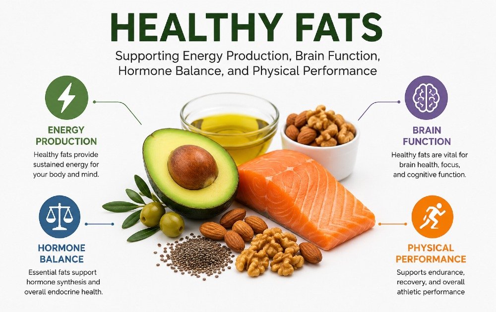 Healthy fats supporting energy production, brain function, hormone balance, and physical performance