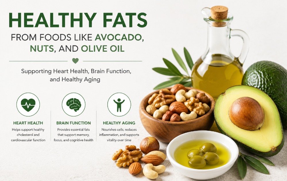 Healthy fats from foods like avocado, nuts, and olive oil supporting heart health, brain function, and healthy aging