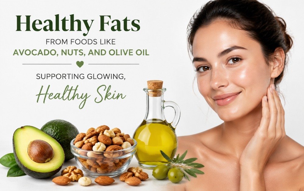 Healthy fats from foods like avocado, nuts, and olive oil supporting glowing, healthy skin.
