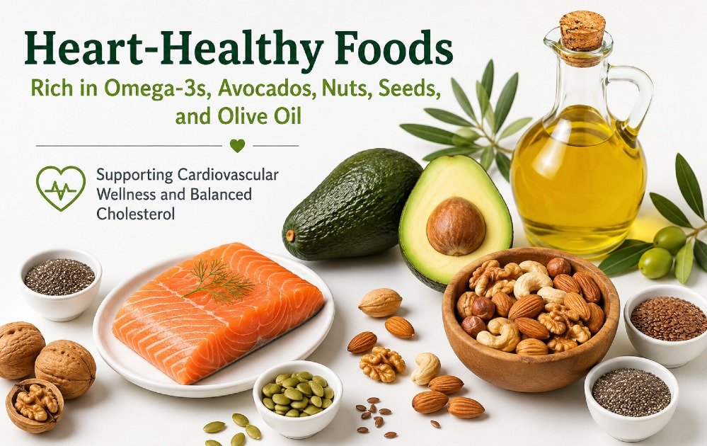 Heart-healthy foods rich in omega-3s, avocados, nuts, seeds, and olive oil supporting cardiovascular wellness and balanced cholesterol.