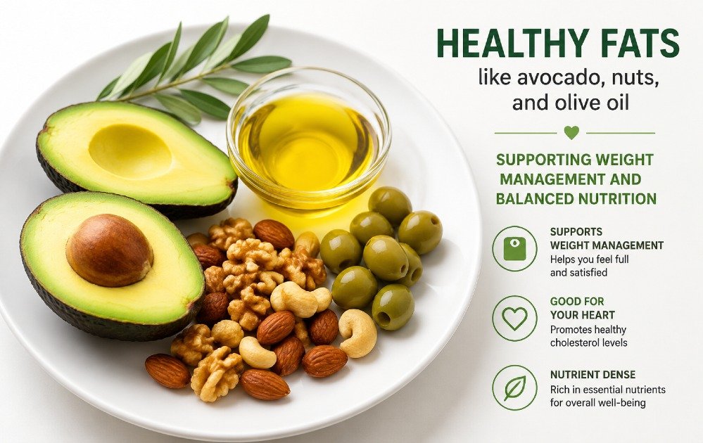 Healthy fats like avocado, nuts, and olive oil supporting weight management and balanced nutrition on a clean plate.