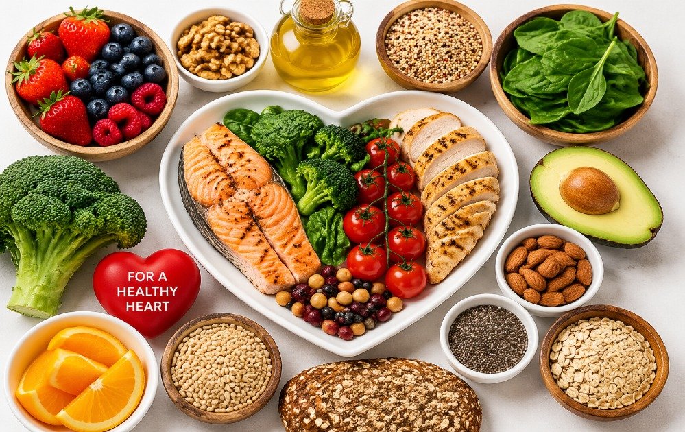 Heart-healthy foods including fruits, vegetables, whole grains, and lean proteins arranged for balanced nutrition.