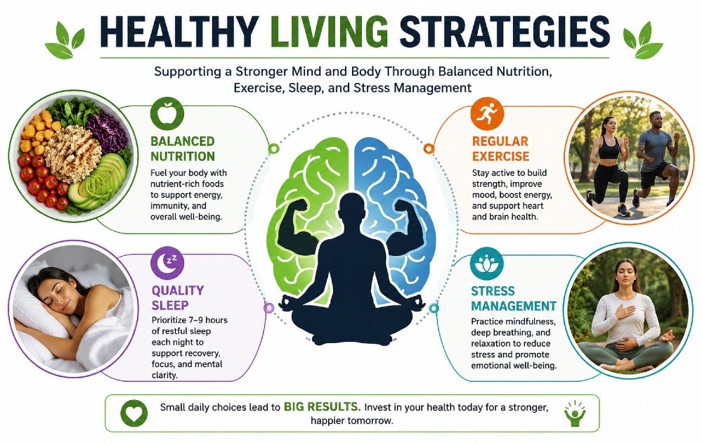 Healthy living strategies supporting a stronger mind and body through balanced nutrition, exercise, sleep, and stress management.