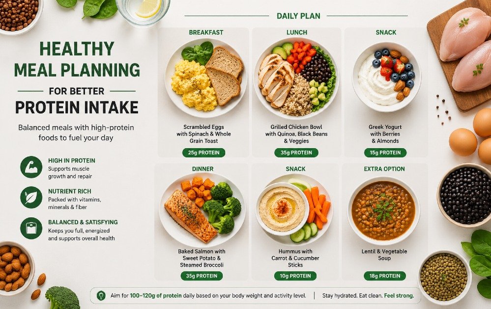 Balanced healthy meal planning featuring high-protein foods like lean chicken, eggs, beans, and vegetables arranged for better daily protein intake.