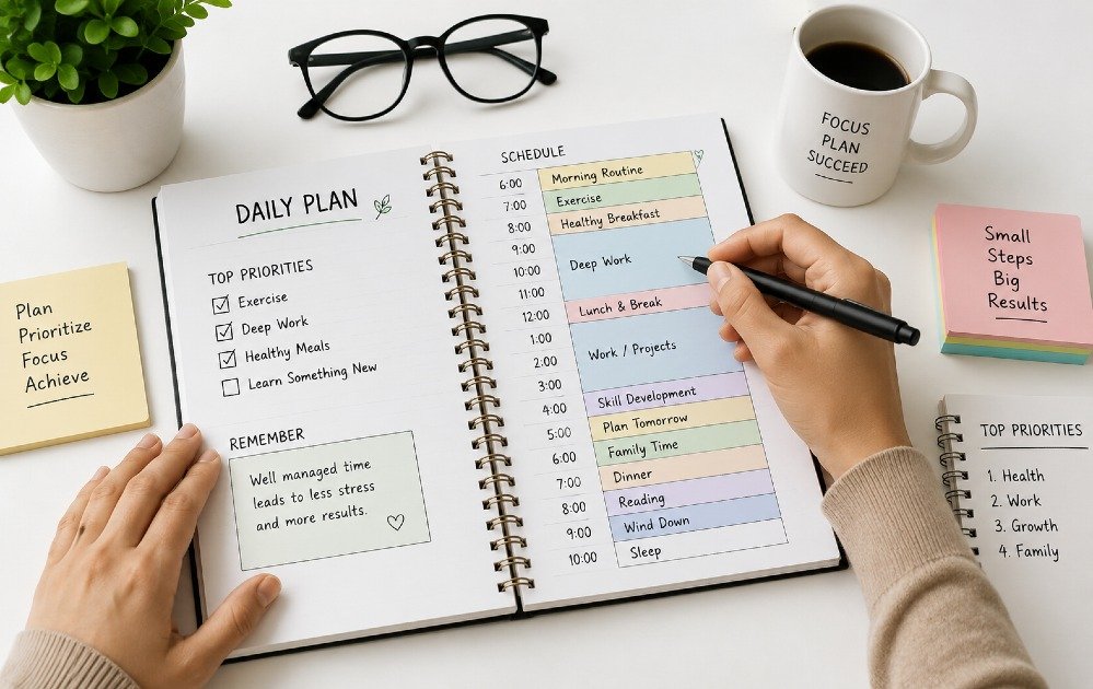 Person organizing daily schedule on planner to practice healthy time management and improve productivity