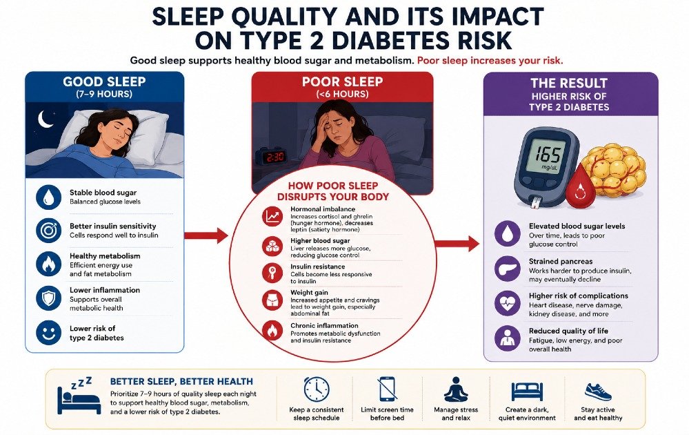Sleep quality and its impact on type 2 diabetes risk, showing how poor sleep disrupts blood sugar regulation and metabolic health.