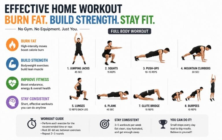 Person doing effective home workout exercises to burn fat, build strength, and stay fit without gym equipment