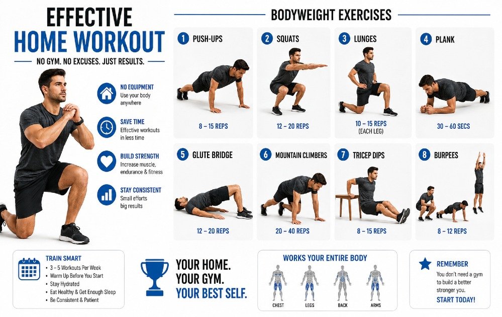 Person performing effective home workout exercises using bodyweight training for fitness without a gym