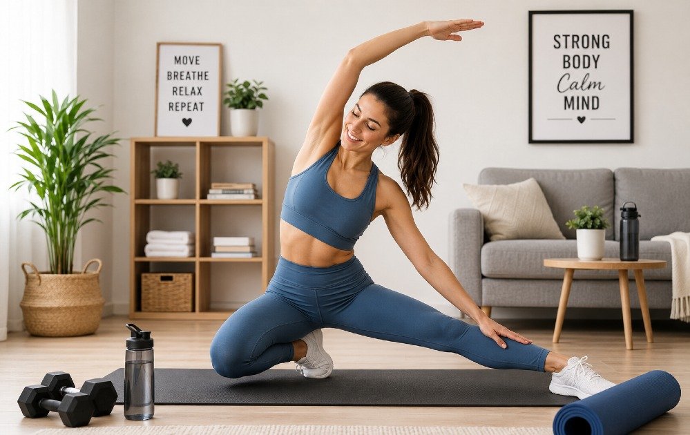 Person doing a simple home workout to reduce stress and support mental well-being.