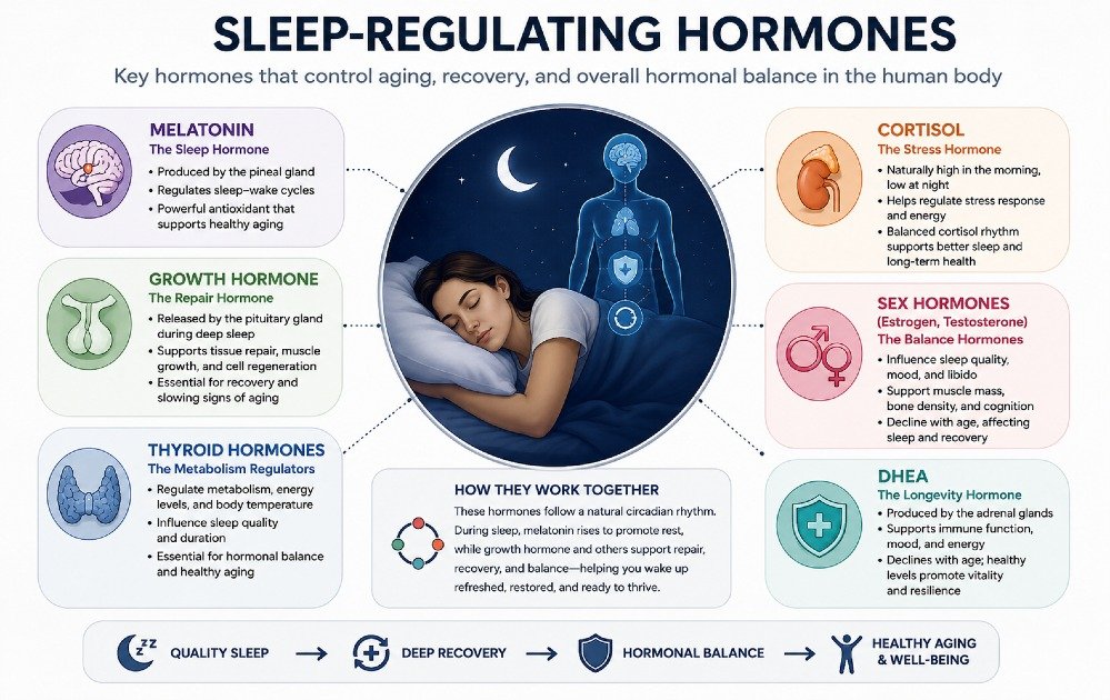 Sleep regulating hormones that control aging, recovery, and overall hormonal balance in the human body.