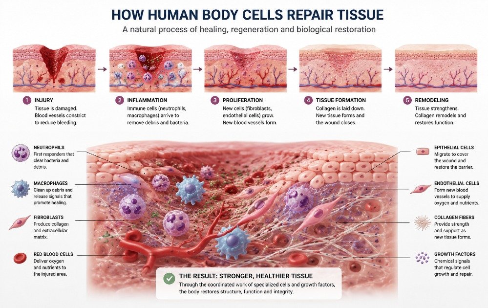 Human body cells repairing tissue, showing natural healing, regeneration, and biological restoration processes.