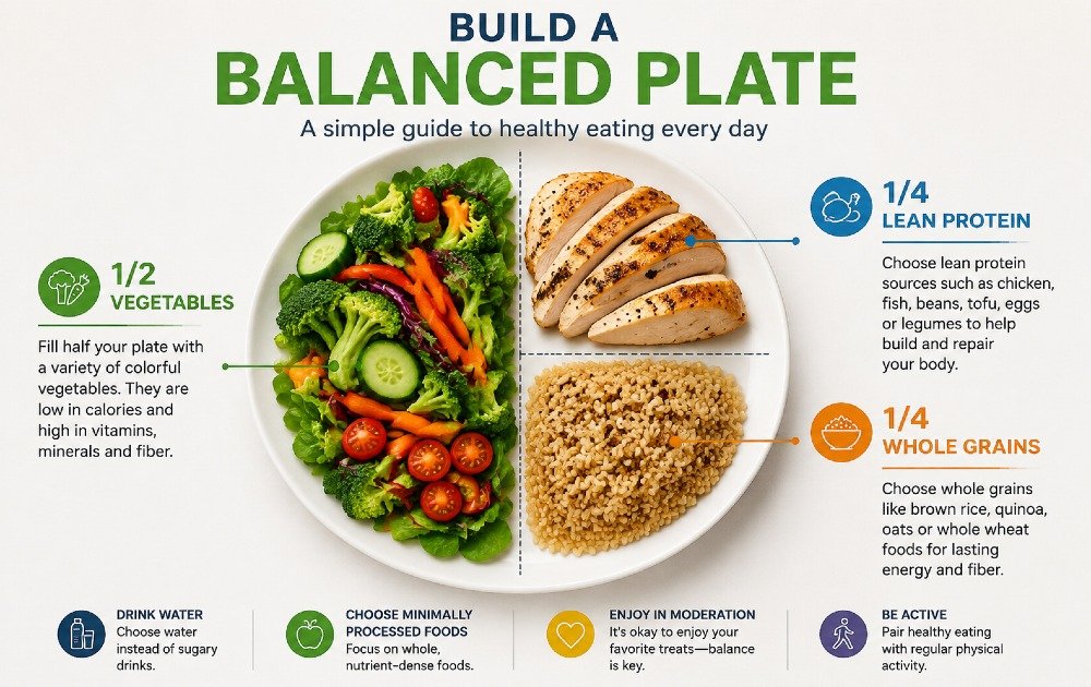 Balanced plate showing half vegetables, lean protein, and whole grains for healthy eating
