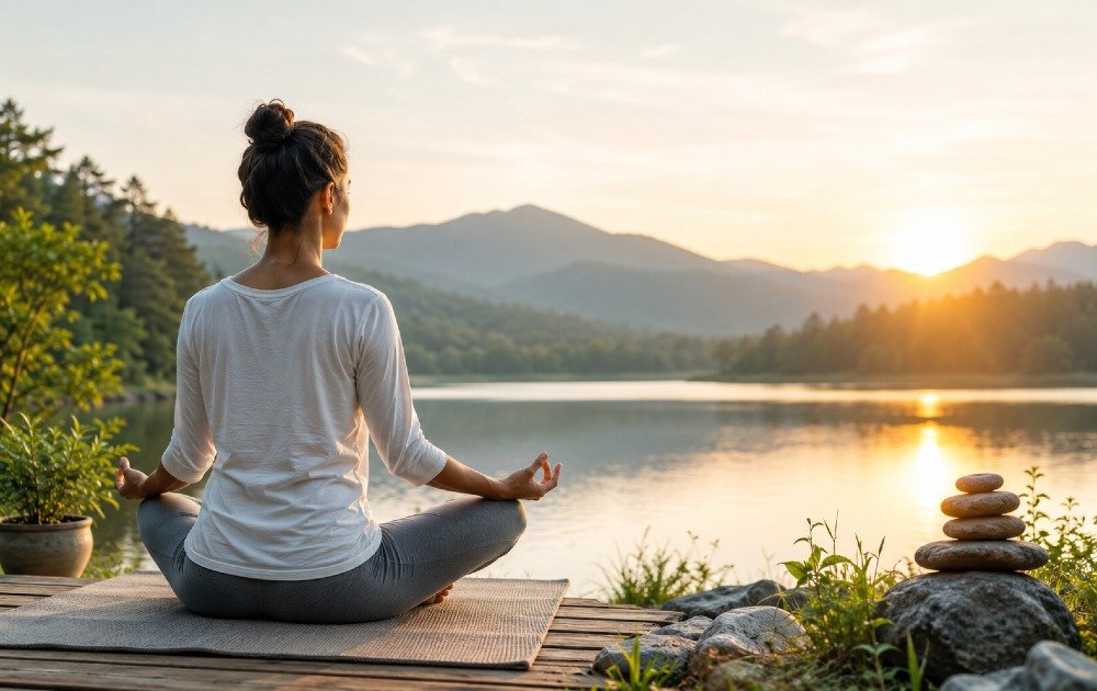 Person practicing mindfulness meditation in a calm, natural setting to build a sustainable daily mindfulness routine