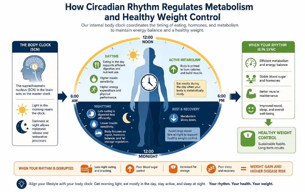 Illustration showing how the circadian rhythm regulates metabolism, appetite, sleep, and healthy weight control.