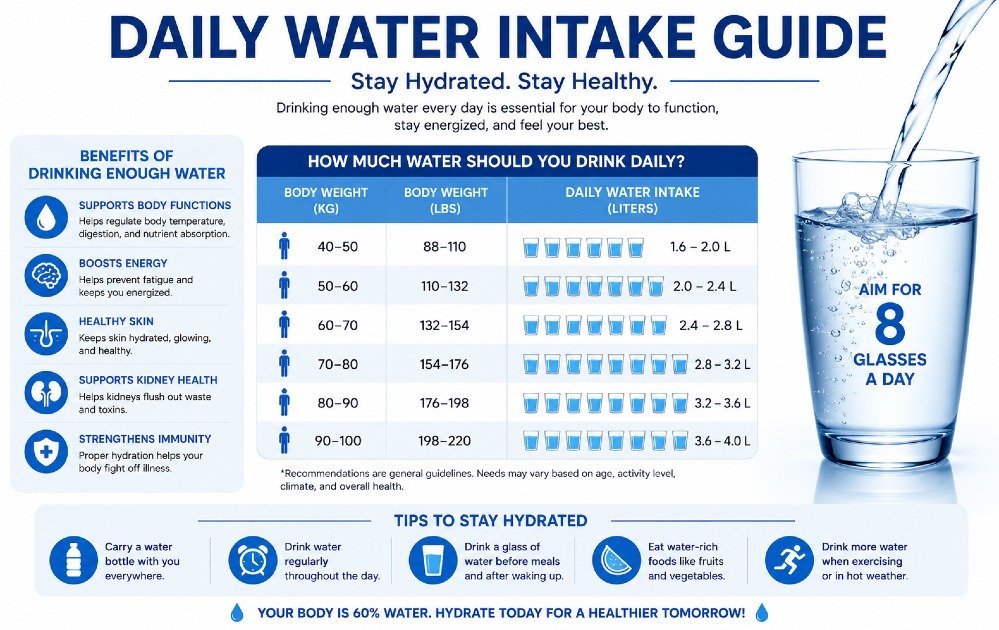 Daily water intake guide showing how much water a person should drink for optimal hydration and health.