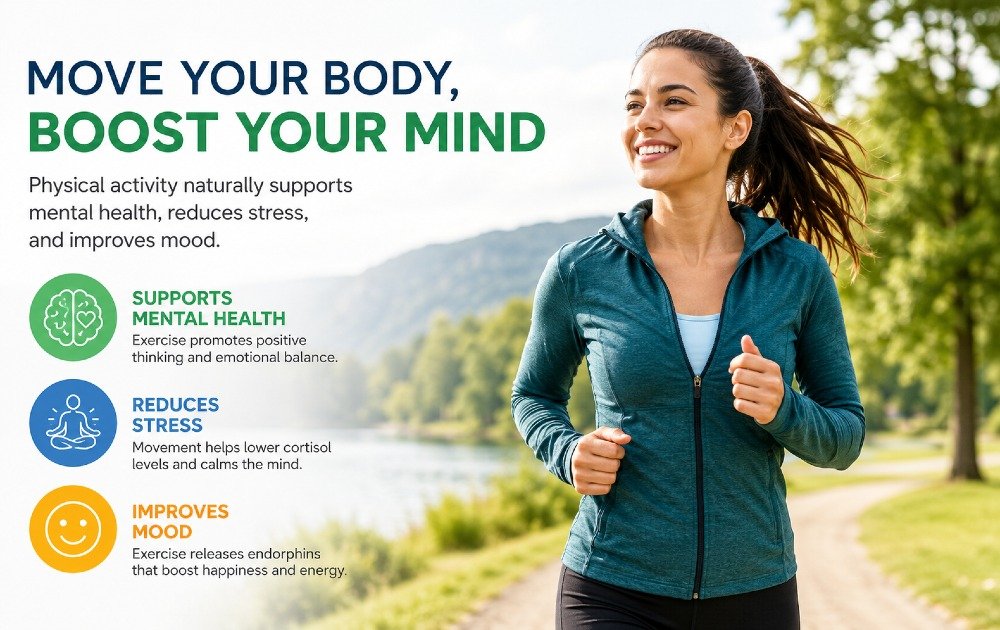 Person exercising outdoors showing how physical activity naturally supports mental health, reduces stress, and improves mood.