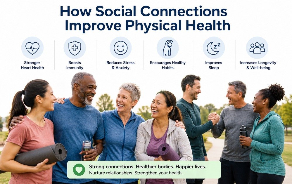 People interacting in a supportive social setting showing how strong social connections improve physical health and well-being.