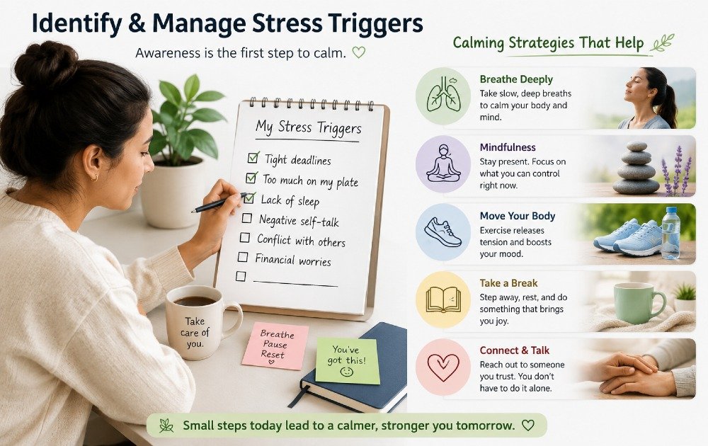 Person identifying stress triggers using a simple checklist and calming strategies.