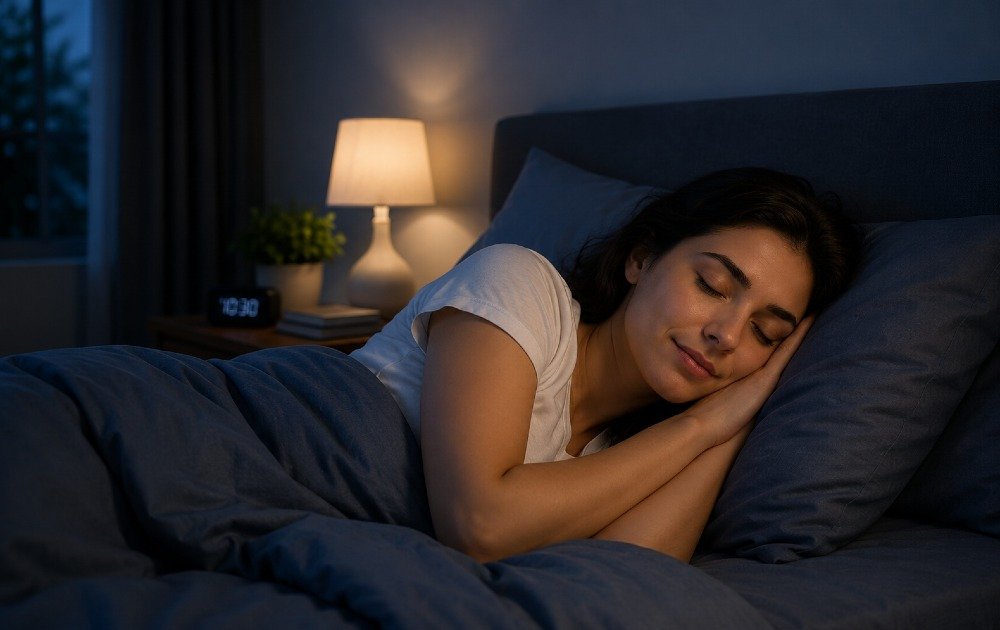 Person sleeping peacefully in a dark, quiet room promoting better sleep quality and restful recovery.
