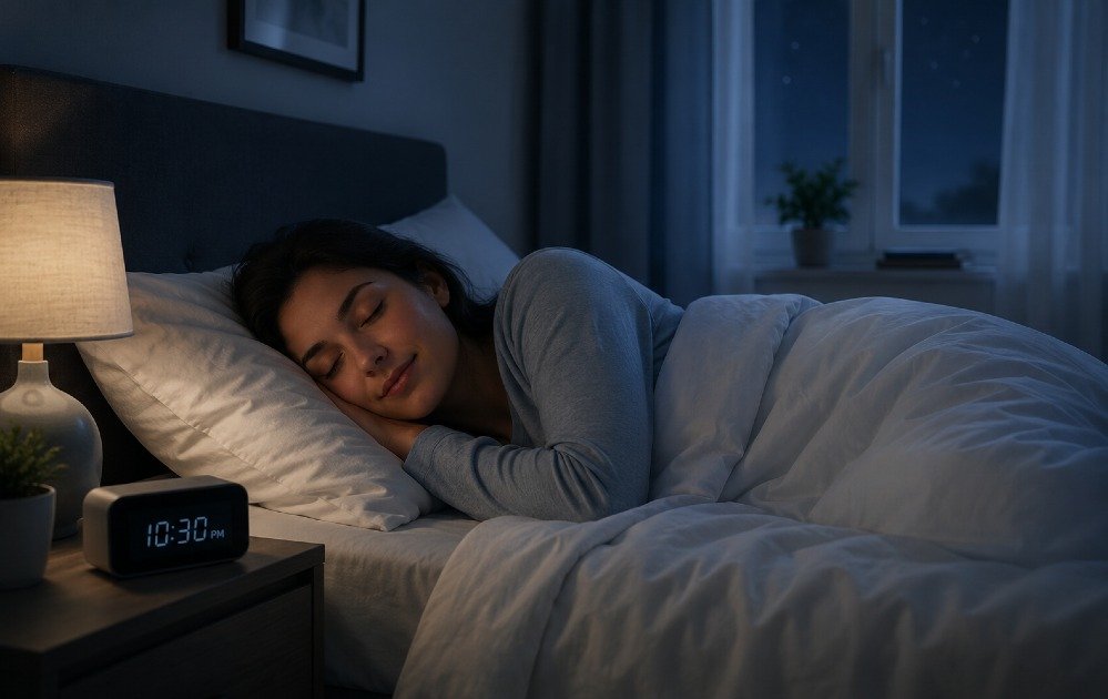Person sleeping peacefully in a dark, quiet bedroom to illustrate improved sleep quality and healthy sleep habits.
