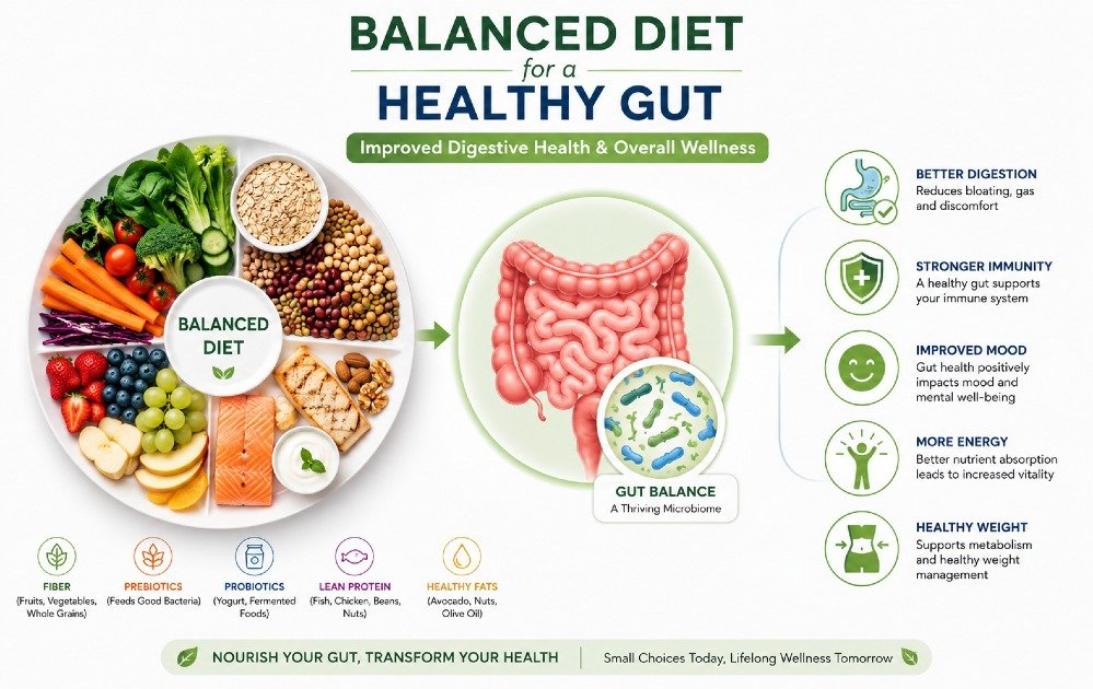 Balanced diet and healthy gut illustration supporting improved digestive health and overall wellness