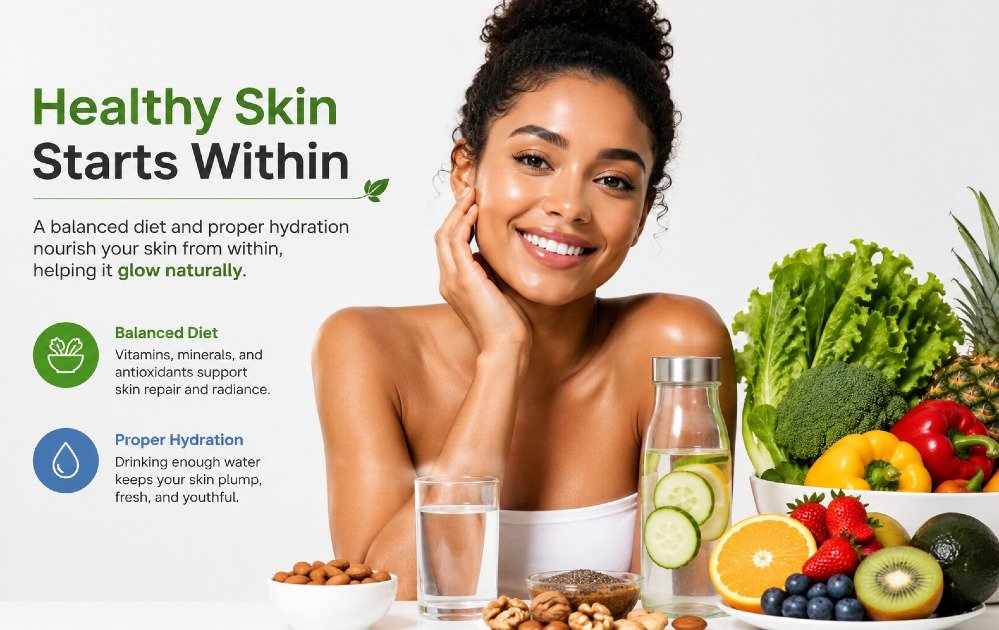 Healthy skin glowing naturally with a balanced diet and proper hydration supporting skin health improvement.