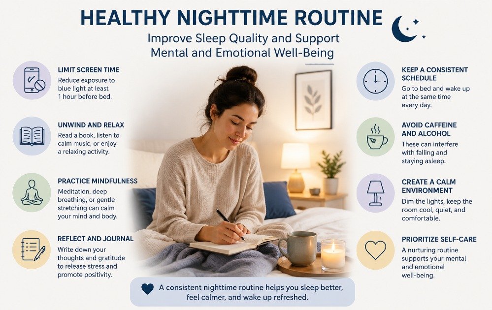 Person practicing healthy nighttime routine to improve sleep quality and support mental and emotional well-being