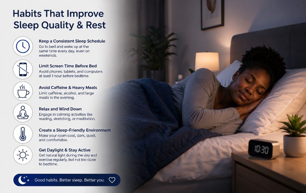 Person sleeping peacefully in a dark, calm bedroom illustrating habits that improve sleep quality and rest.