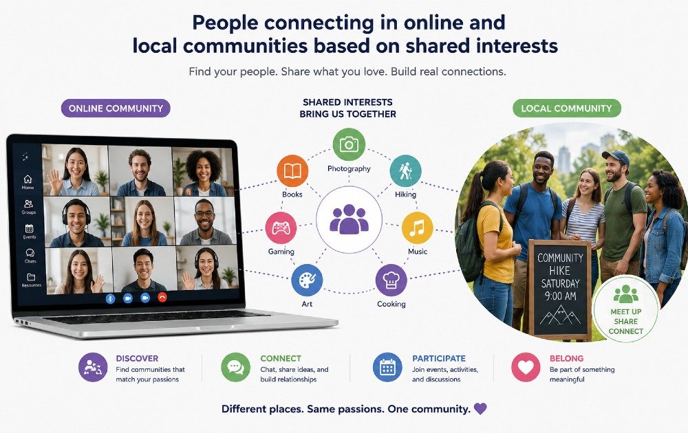 People connecting in online and local communities based on shared interests
