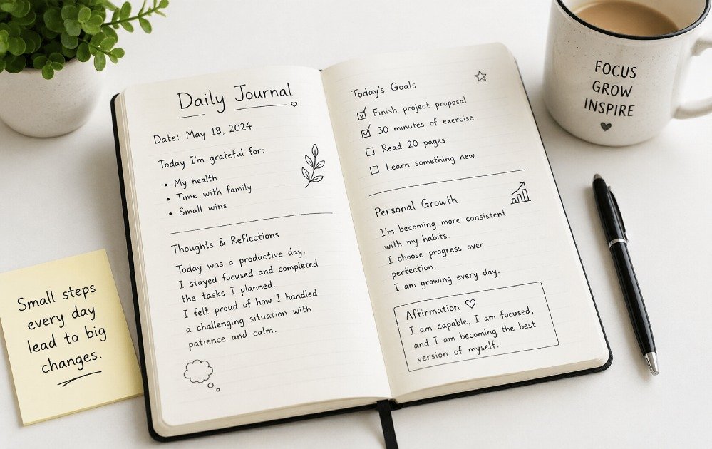 Daily journaling in a notebook to track thoughts, goals, and personal growth.