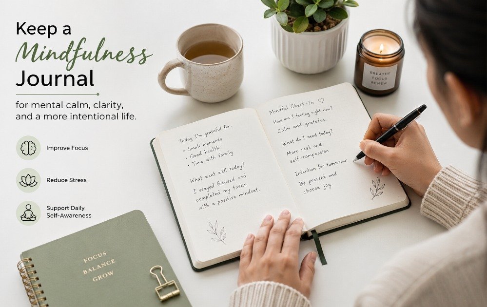 A person writing in a mindfulness journal to improve focus, reduce stress, and support daily self-awareness.