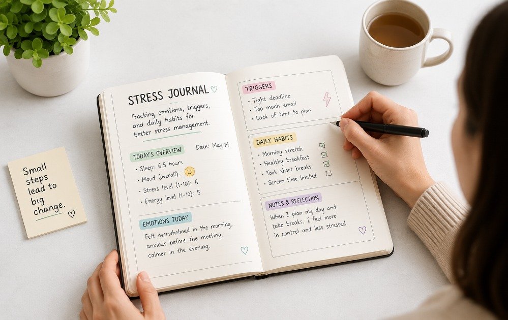 Person writing in a stress journal to track emotions, triggers, and daily habits for better stress management.