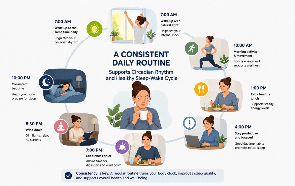 Person maintaining a consistent daily routine to support circadian rhythm and healthy sleep-wake cycle.
