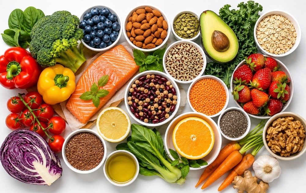 Colorful nutrient-rich foods that provide essential vitamins and minerals to support disease prevention and long-term health.