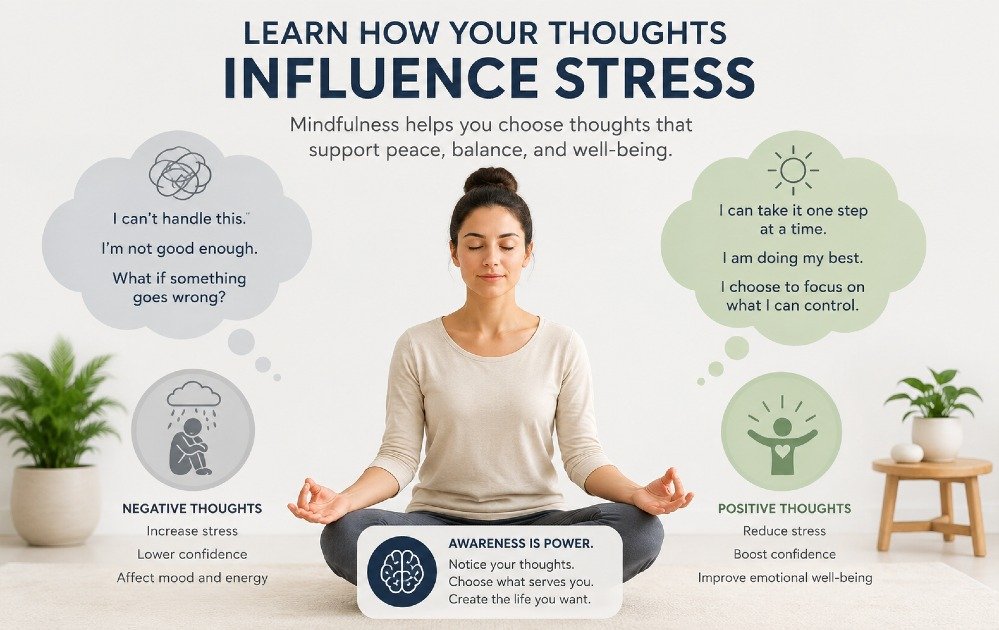 Person practicing mindfulness while recognizing how thoughts affect stress levels and emotional well-being.
