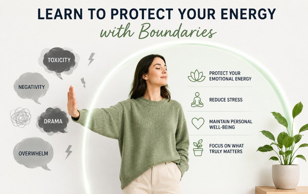 Person setting healthy boundaries to protect emotional energy, reduce stress, and maintain personal well-being.