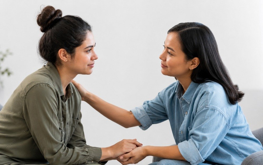 Two people exchanging support and encouragement in a caring, trust-based interaction.