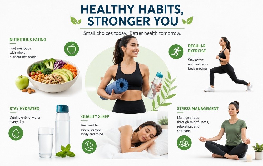Person practicing healthy lifestyle habits through nutritious eating, regular exercise, hydration, quality sleep, and stress management to build a strong preventive health foundation.