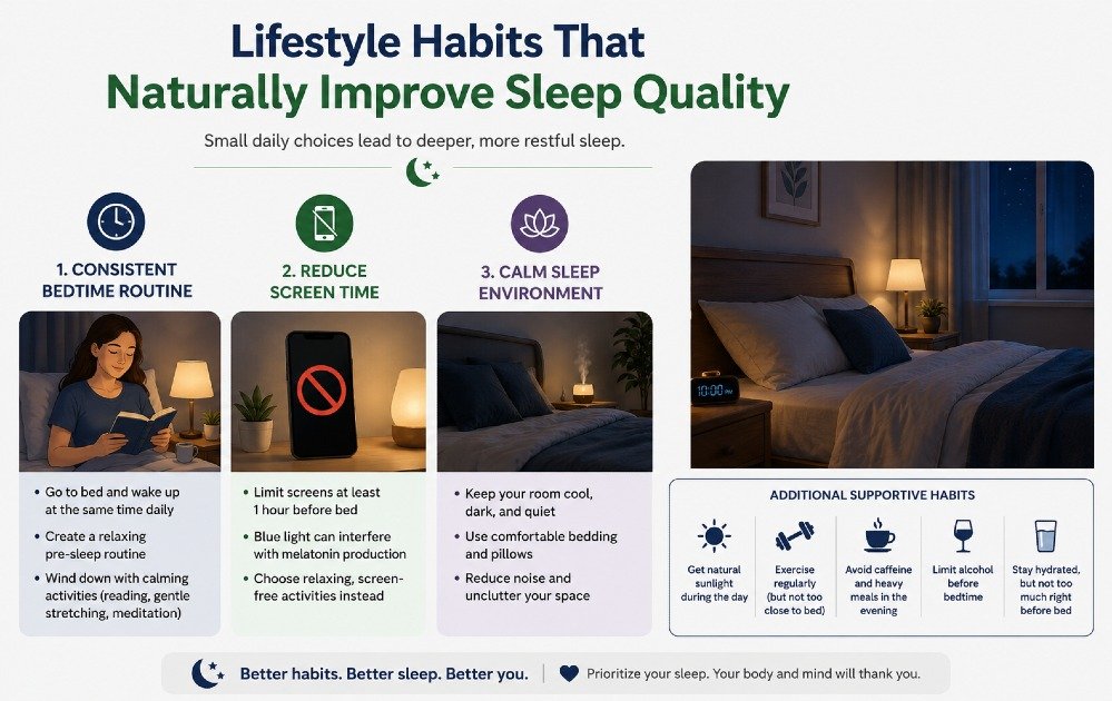 Lifestyle habits that naturally improve sleep quality, including consistent bedtime routine, reduced screen time, and a calm sleep environment.