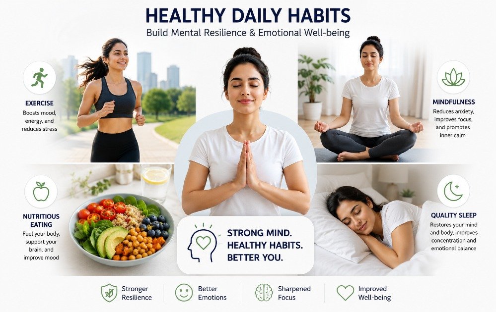 Person practicing healthy daily habits like exercise, mindfulness, nutritious eating, and quality sleep to build mental resilience and emotional well-being.