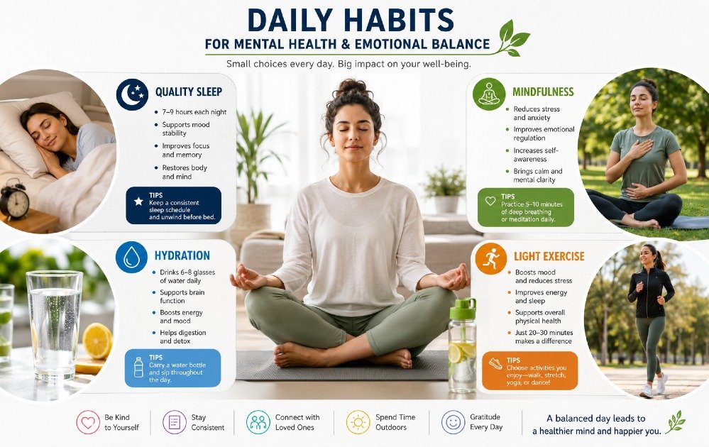 Person practicing daily lifestyle recovery habits such as sleep, mindfulness, hydration, and light exercise to support mental health and emotional balance.