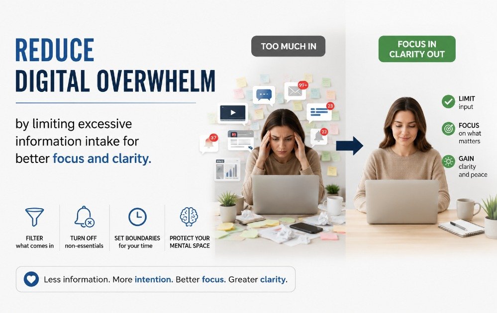 Reduce digital overwhelm by limiting excessive information intake for better focus and clarity.