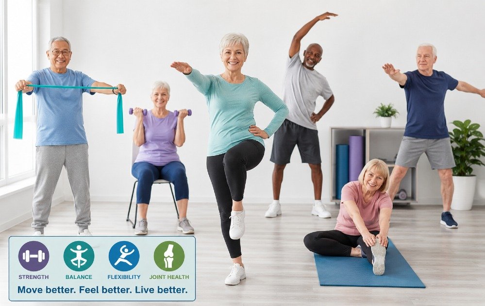 Older adult and beginner performing gentle low-impact exercises to improve strength, balance, flexibility, and joint health.