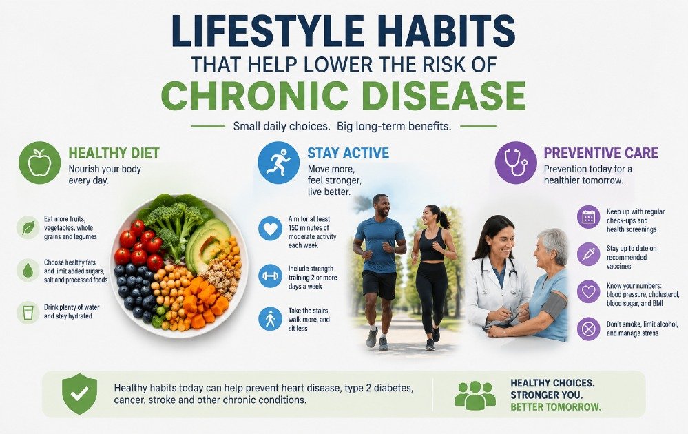 Lifestyle habits that help lower the risk of chronic disease through healthy diet, exercise, and preventive care.