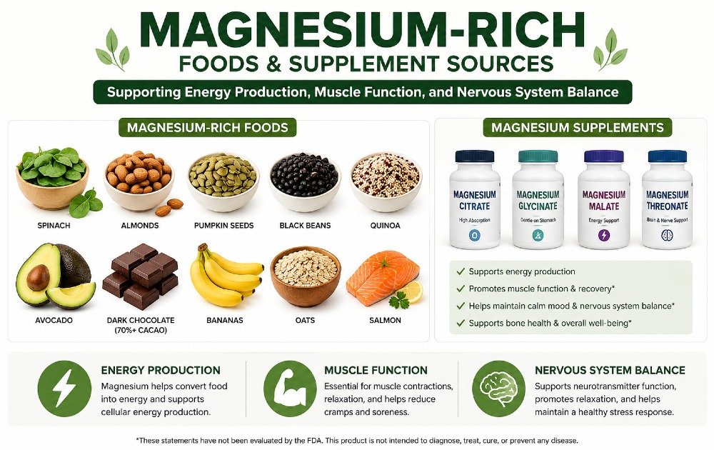 Magnesium-rich foods and supplement sources supporting energy production, muscle function, and nervous system balance