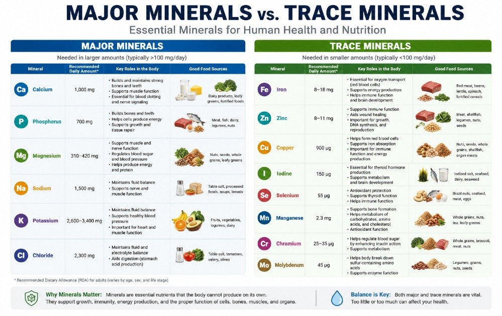 Clear comparison of major minerals and trace minerals highlighting their roles in human health and nutrition